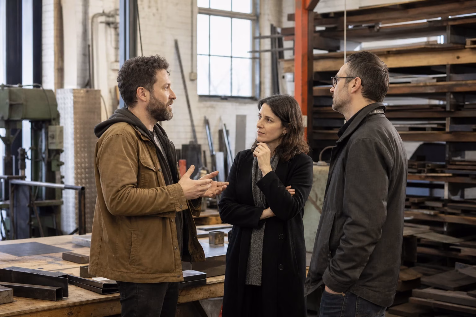 Entrepreneur consulting with an accountant and a tax specialist in a workshop