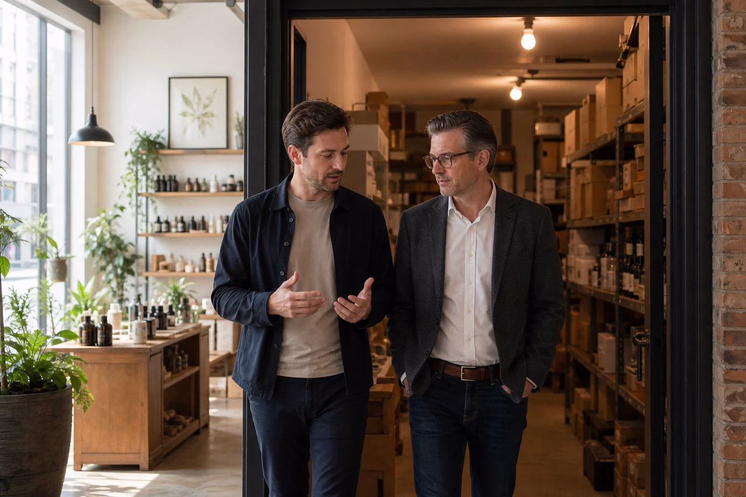 Business owner and adviser visiting two parts of the same company