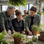 Famille entrepreneuriale planifiant la continuité d’une entreprise horticole