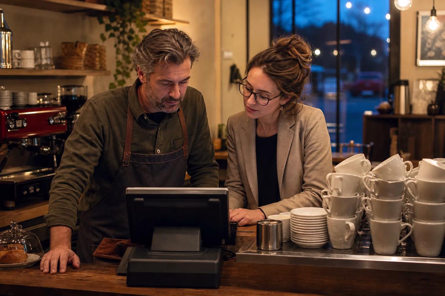 Different Quick Method Rates Café owner and accountant reviewing operations after closing