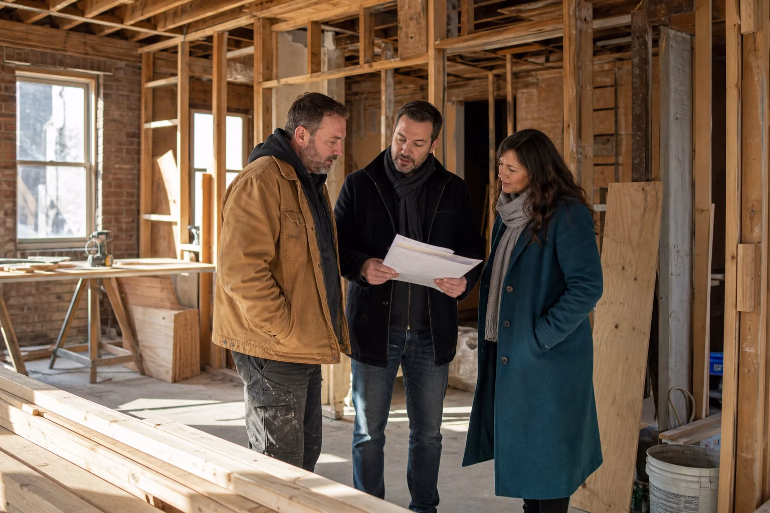 Propriétaire, entrepreneur et conseiller visitant la rénovation d’un duplex